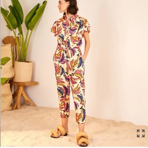 Farm Rio colorful banana ruffle sleeve indie artsy quirky teacher fruit jumpsuit - Picture 1 of 12